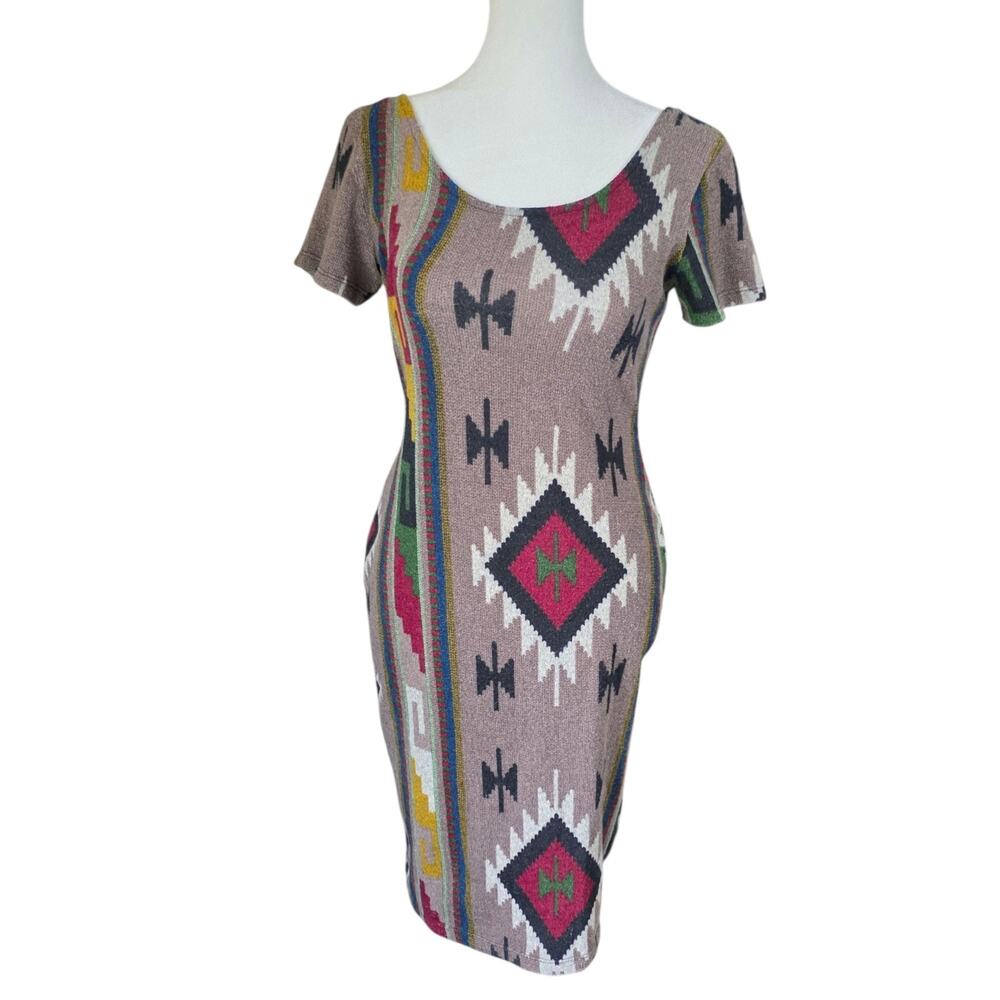 Lucky Day Tribal Aztec Bodycon Knit Mini Dress Scoop Back Boho Southwestern S